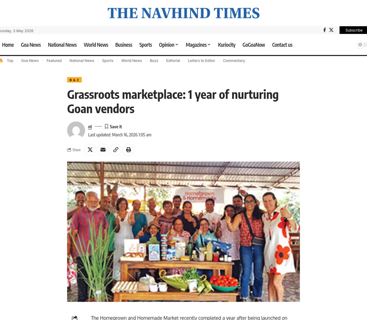 Screenshot of The Navhind Times article 'Grassroots marketplace: 1 year of nurturing Goan vendors'