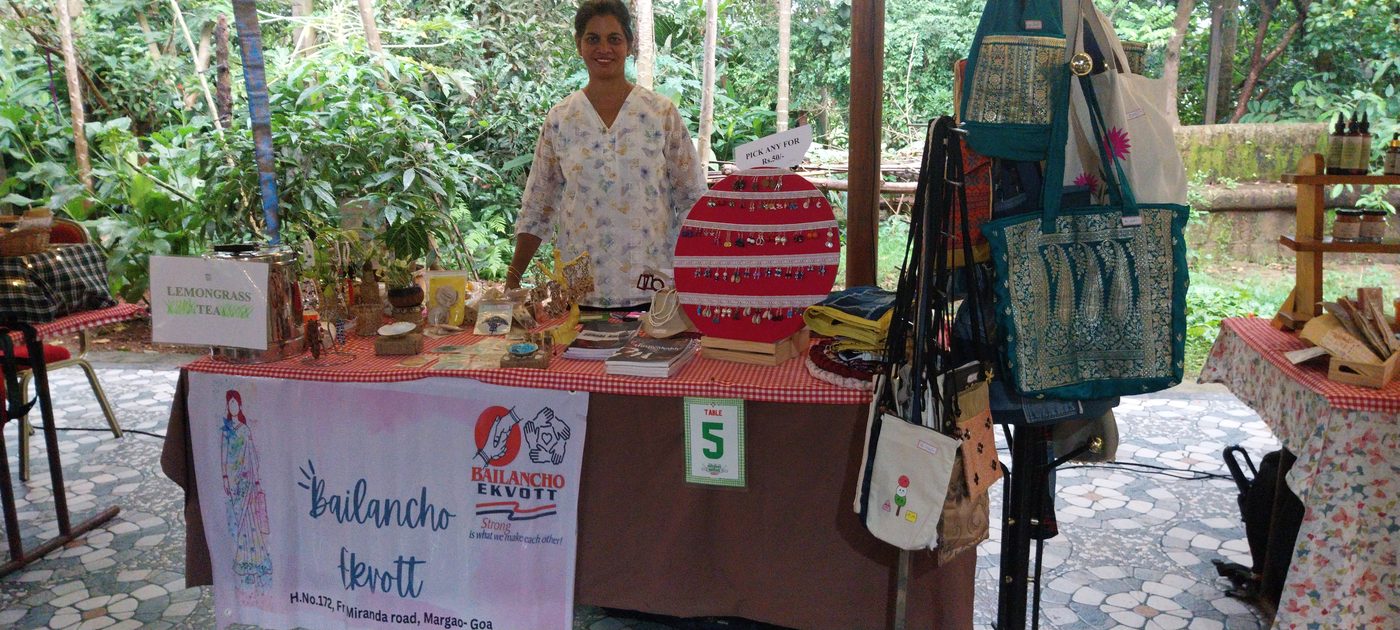 The Bailancho Ekvott stall at the market, with upcycled bags and jewellery